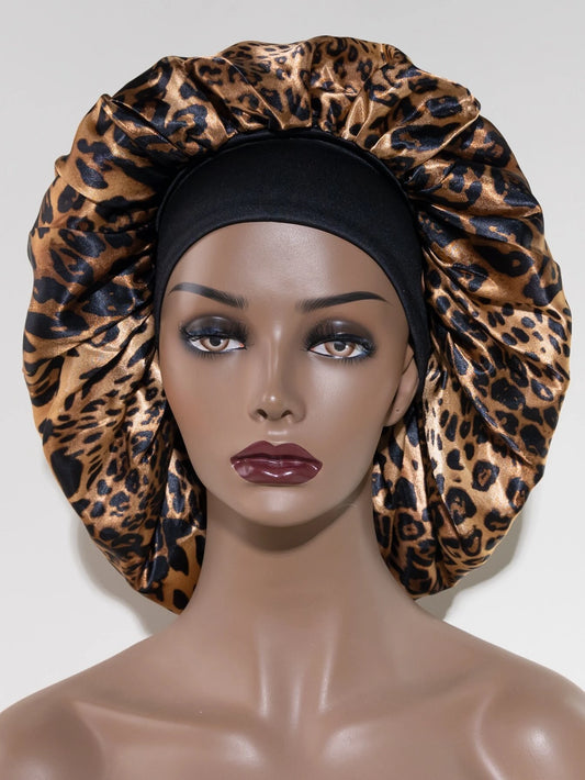 Bonnet de cheveux en satin imprimé léopard