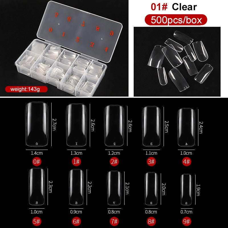 capsule pour ongles Faux ongles en forme de cercueil Transparent, 500 pièces/boîte, Capsules en acrylique artificiel, couverture complète, réutilisables, pointes pressées