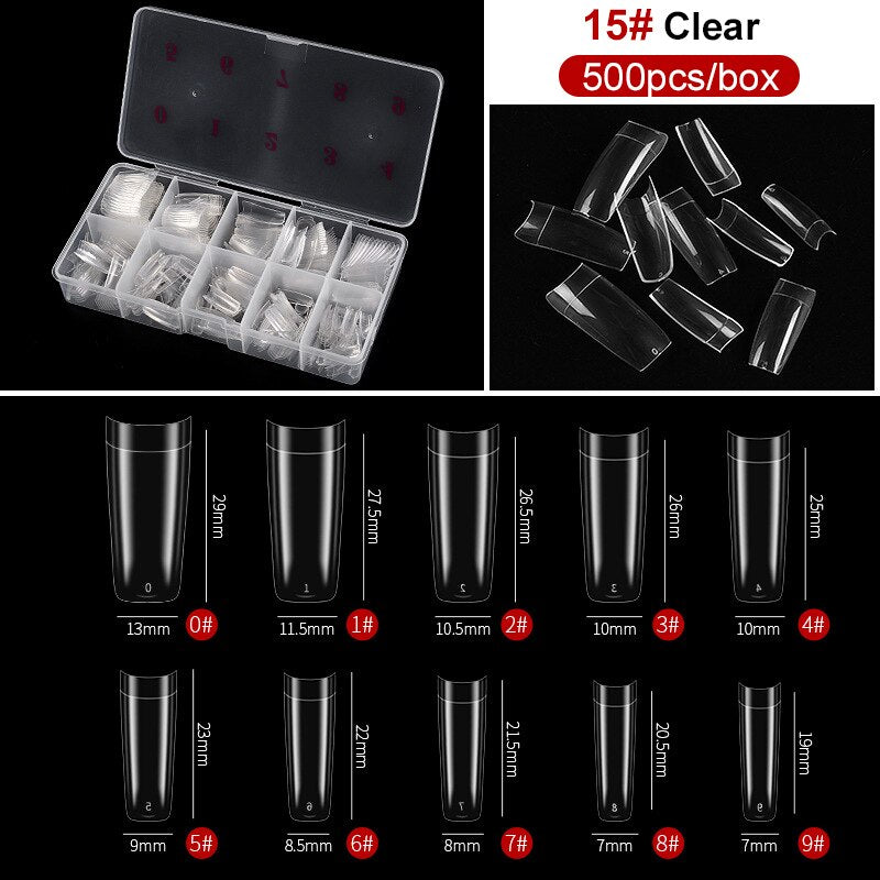 capsule pour ongles Faux ongles en forme de cercueil Transparent, 500 pièces/boîte, Capsules en acrylique artificiel, couverture complète, réutilisables, pointes pressées