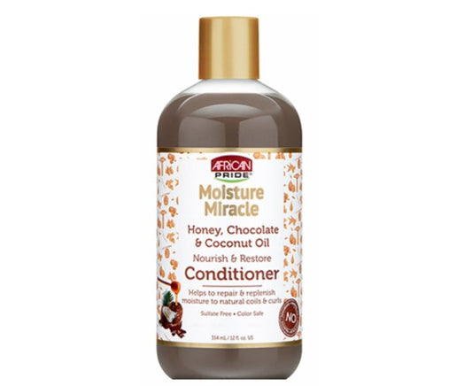 AFRICAN PRIDE MOISTURE MIRACLE HONEY CHOCLATE & COCONUT OIL CONDITIONER 12OZ 354 ml